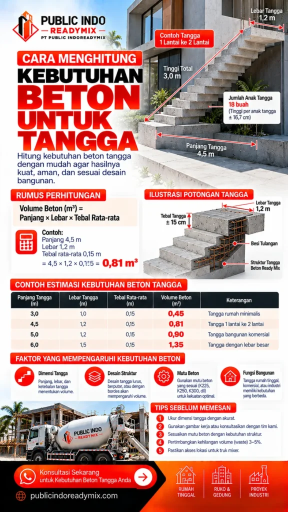 Potongan tangga yang menunjukkan pelat miring, anak tangga, dan bordes