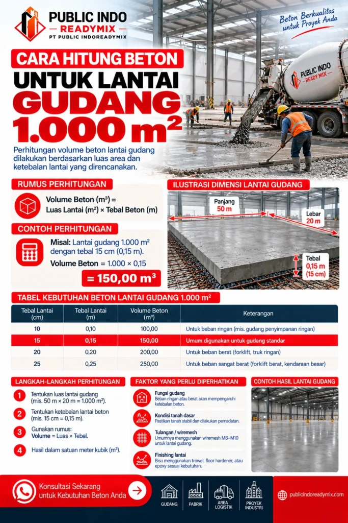 Ilustrasi zona cor gudang 1000 meter persegi dan alur pengiriman beton