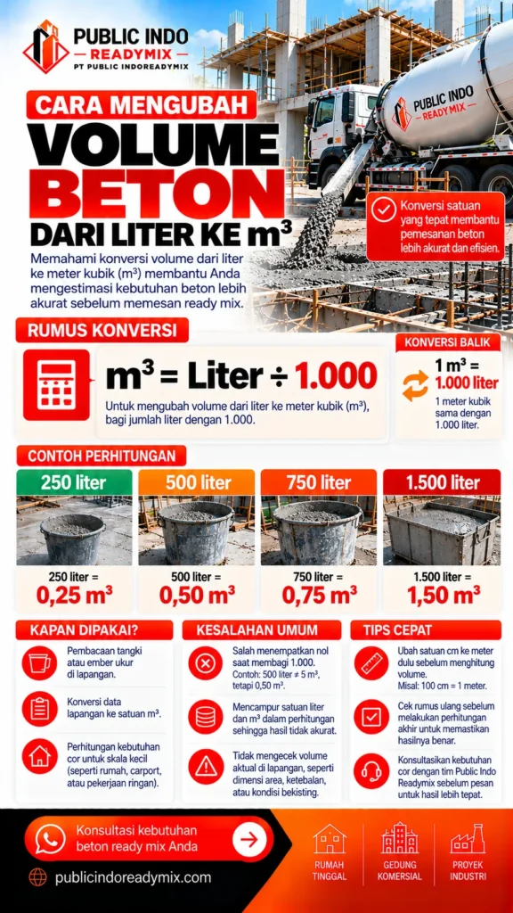 Ilustrasi wadah ukur beton dan konversi volume liter ke meter kubik